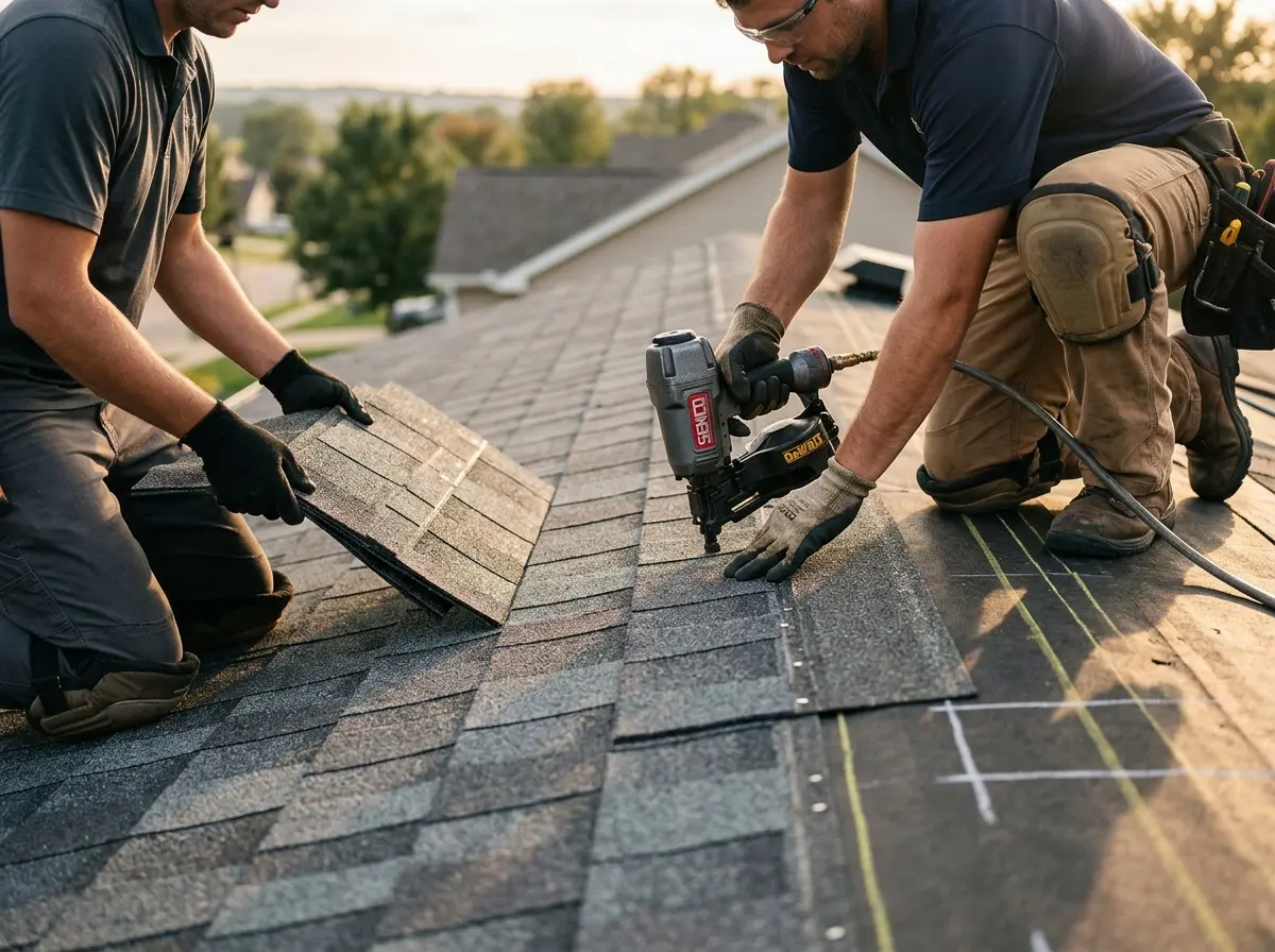Professional roofer working on a residential roof in Livonia
